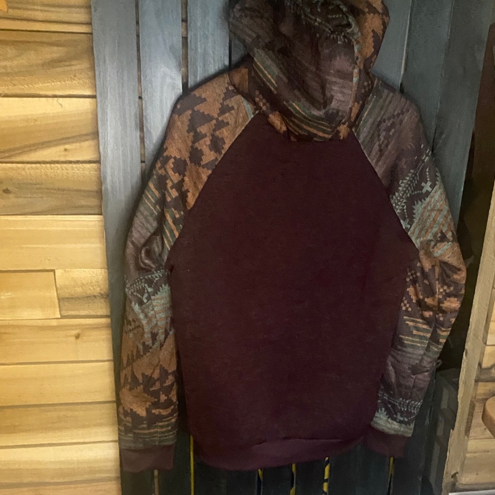 Aeropostale southwestern fleece lined full zip hoodie sweatshirt Burgundy tan - Picture 8 of 8